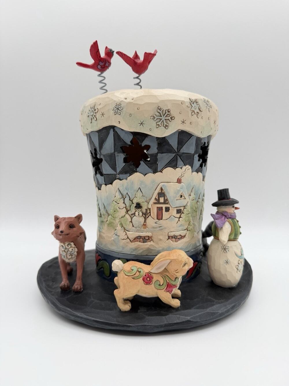 Jim Shore Top Hat Tidings Light Up Hat 9” Snowman Fox Bear Rabbit Raccoon Birds